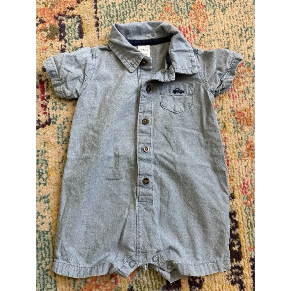 Carters Baby Boy Blue Chambray Romper Car Collared 9 Months Utility Style